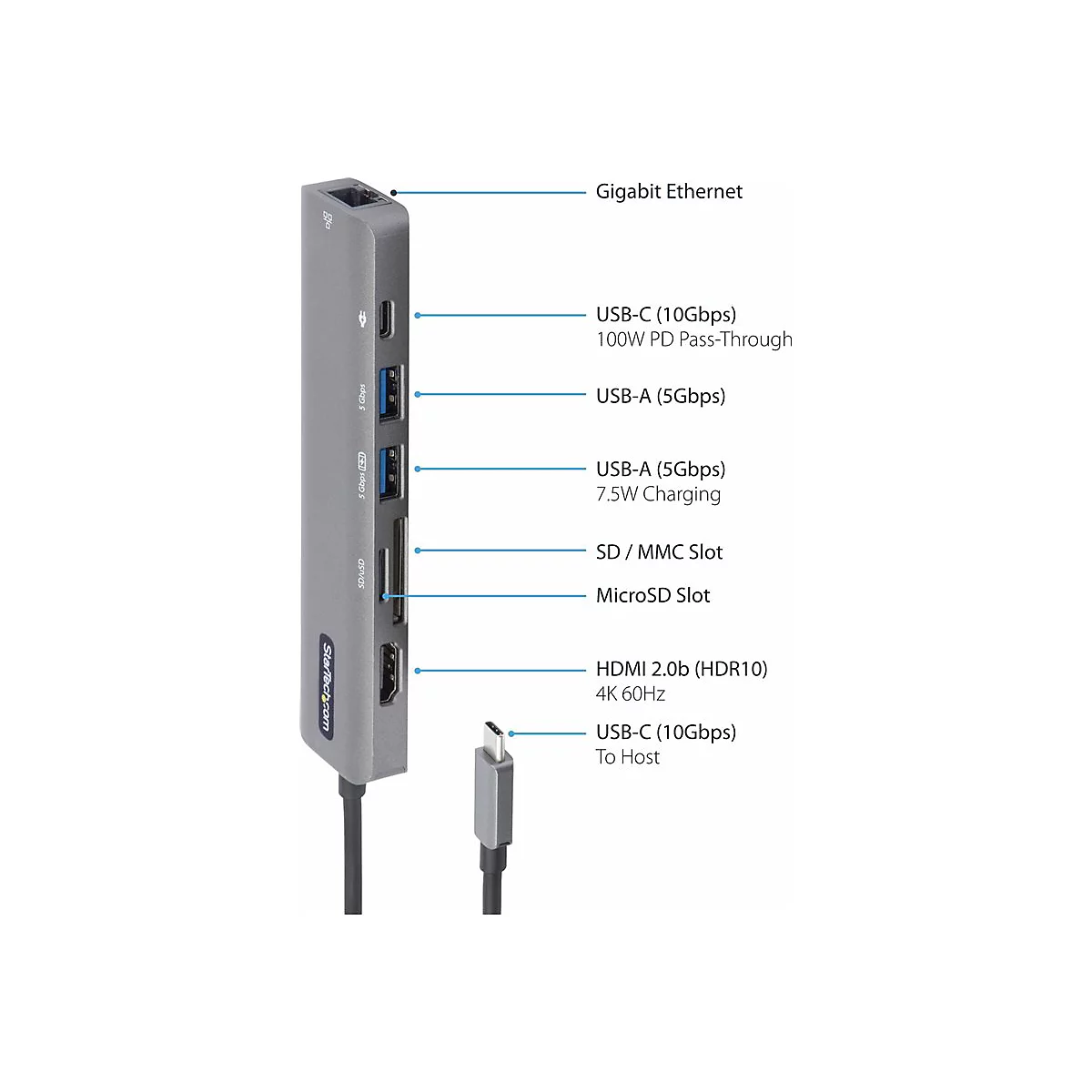 StarTech.com USB-C Multiport Adapter - USB-C auf 4K 60Hz HDMI 2.0, 100W Power Delivery Pass-through, SD/MicroSD, 2 Port USB 3.0 Hub, GbE - USB-C Mini Dock - 30cm langes Kabel (DKT30CHSDPD1) - Dockingstation - USB-C / Thunderbolt 3