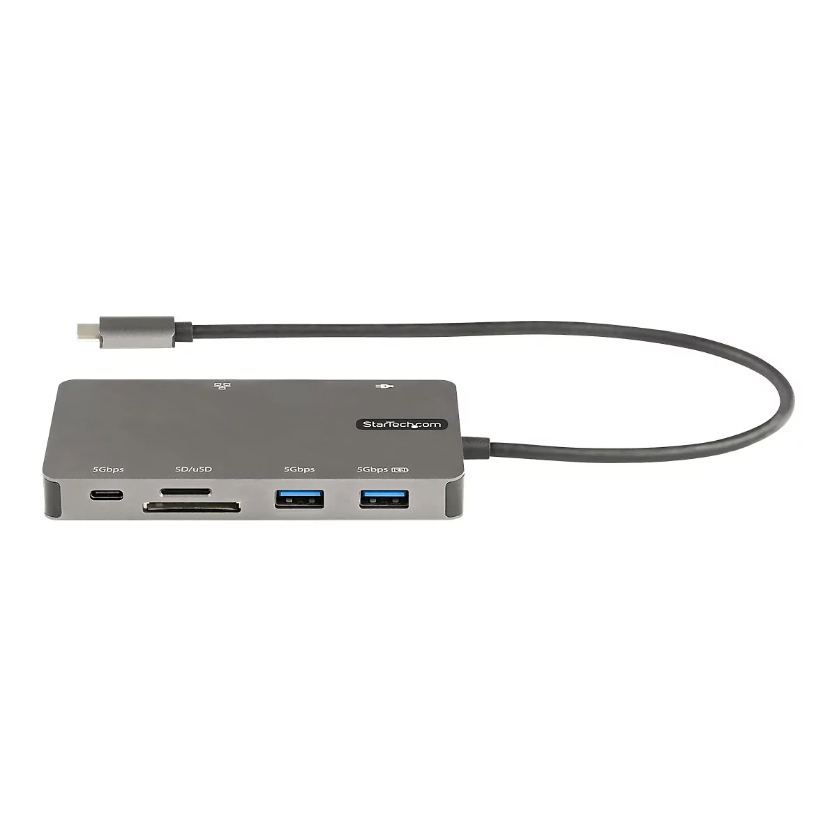 Graues USB-C-Dock mit AnschlÃ¼ssen. Stromkabel, SD-Kartenleser, USB-A-Ports, HDMI-Anschluss.