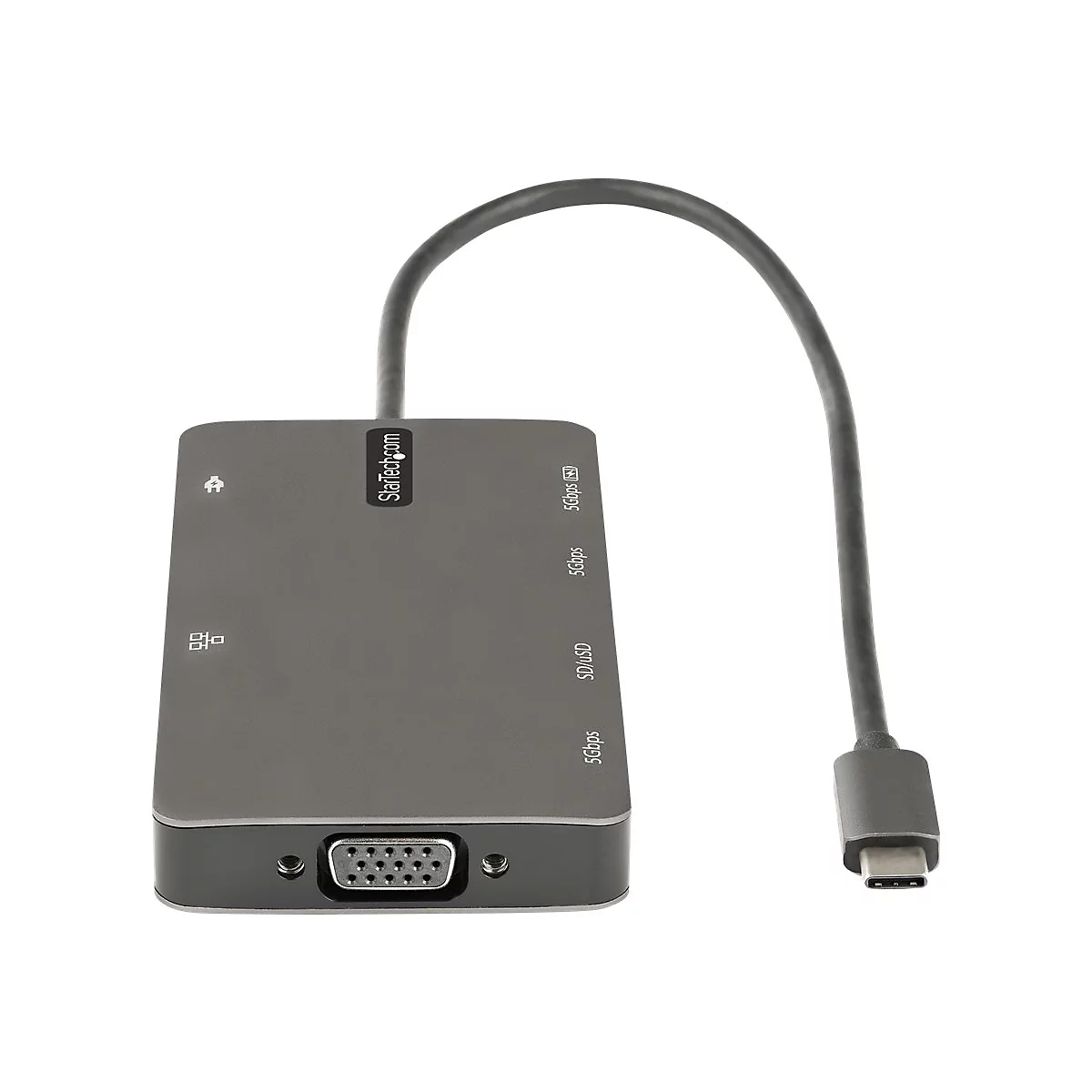 Grauer USB-C-Adapter mit Kabel, VGA-Anschluss und StarTech.com-Logo.