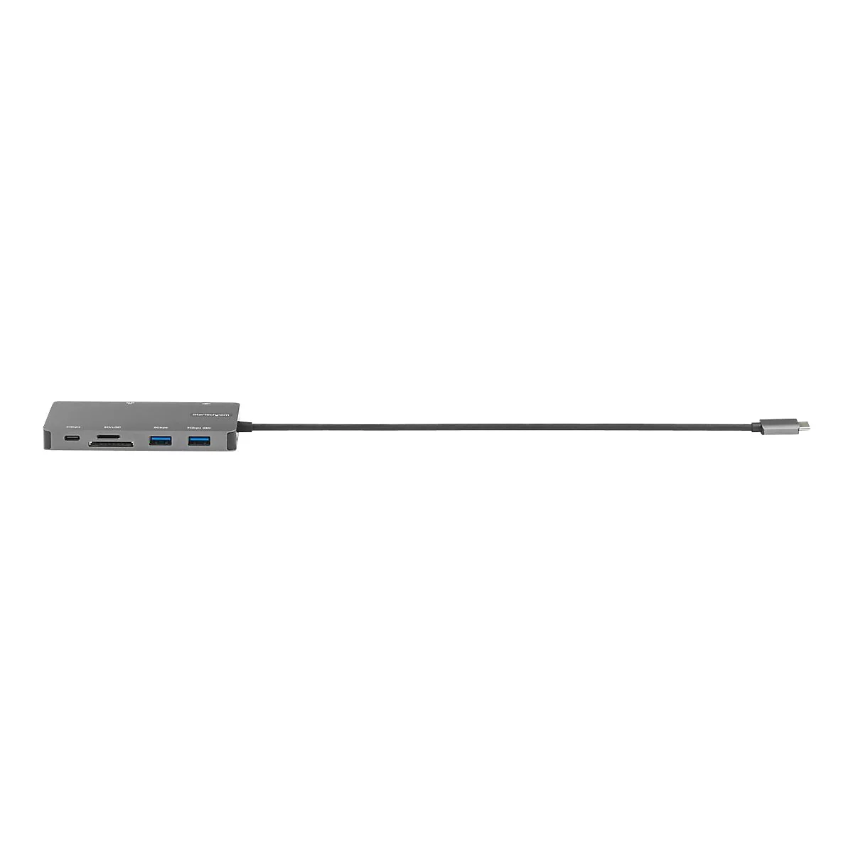 Grauer USB-C-Hub auf weiÃŸem Hintergrund. Mit USB-, SD- und HDMI-AnschlÃ¼ssen.