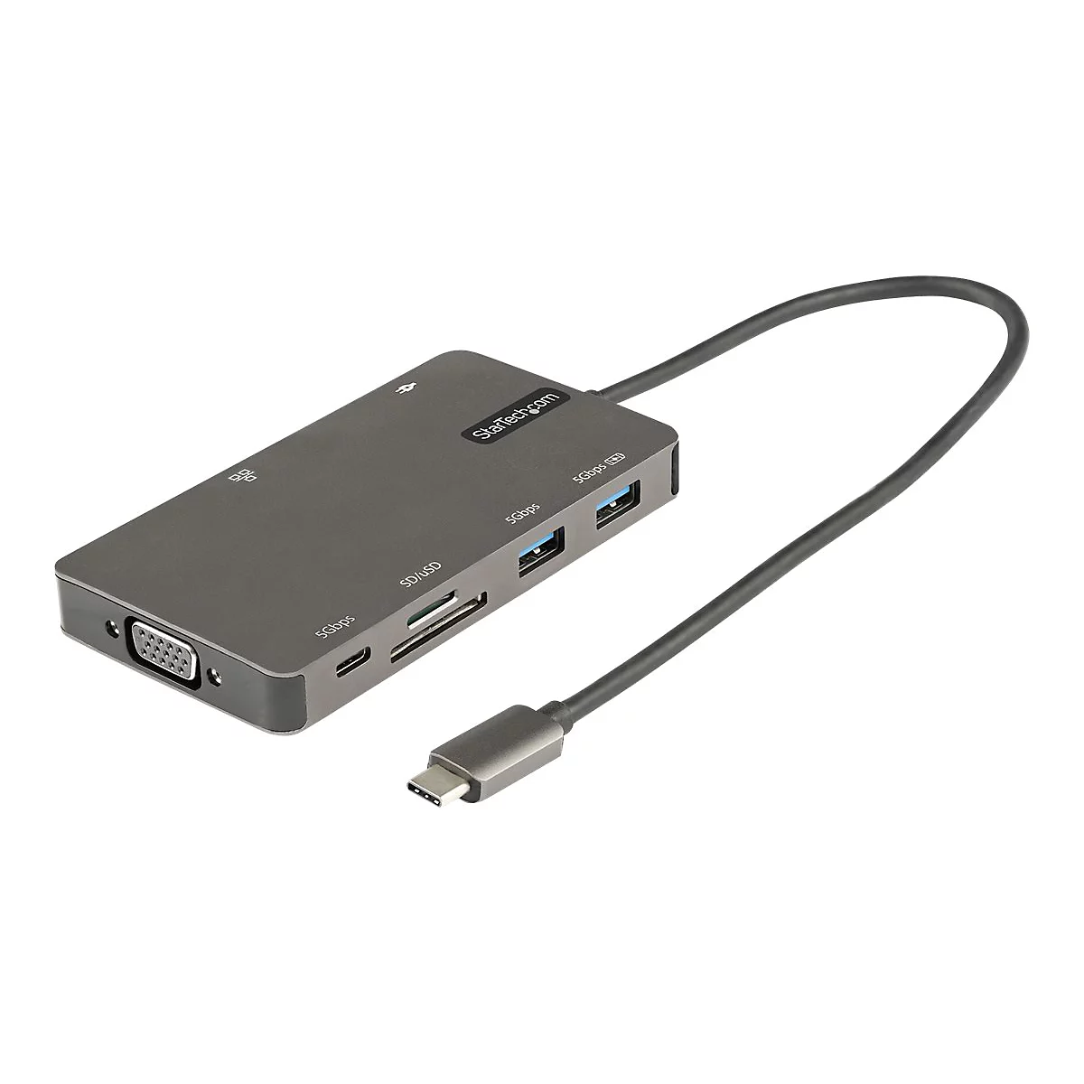 Grauer USB-C-Hub mit mehreren AnschlÃ¼ssen, an denen ein Kabel mit USB-C-Anschluss befestigt ist.