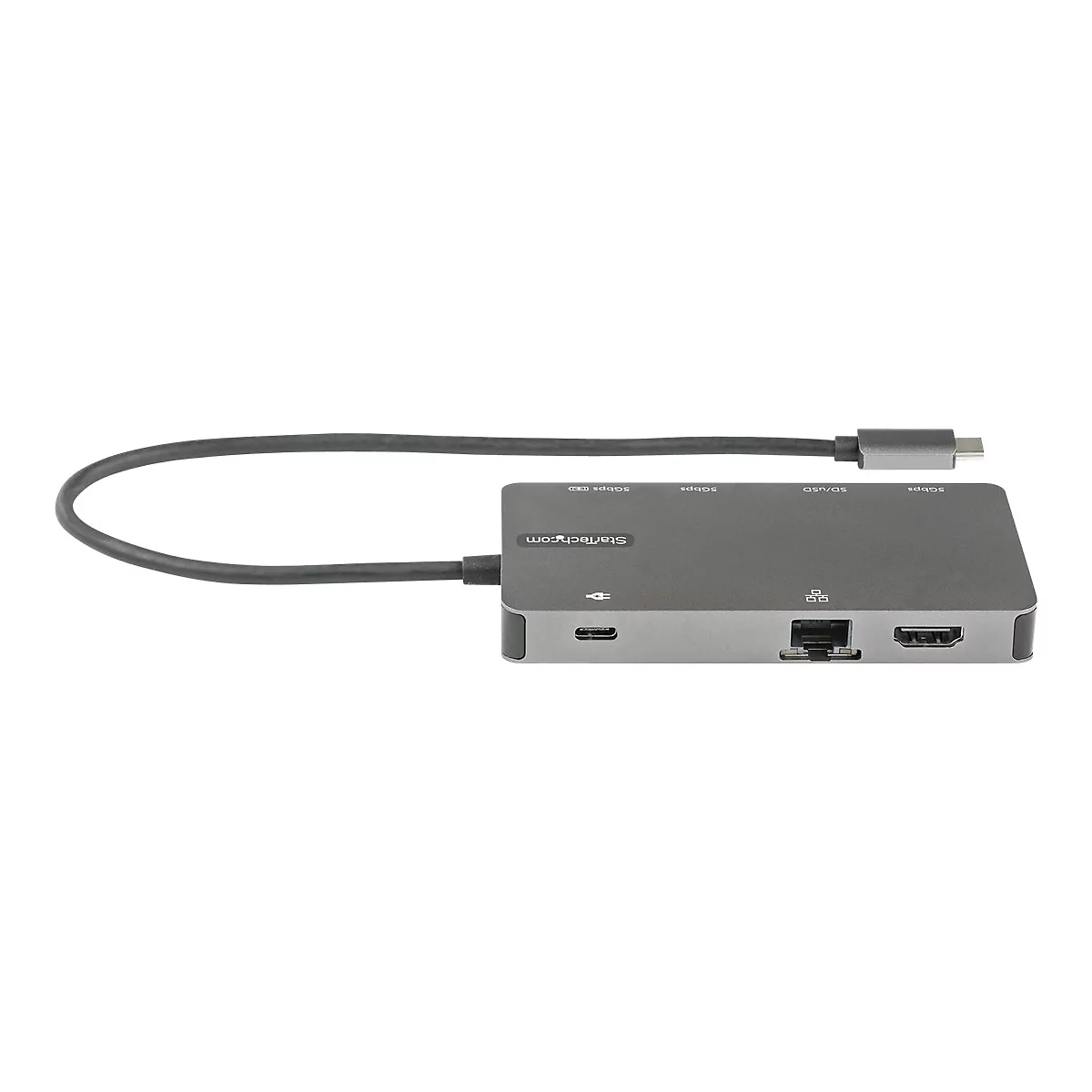Grauer USB-C-Hub mit Kabel. Auf der Oberseite befinden sich AnschlÃ¼sse mit Beschriftung.