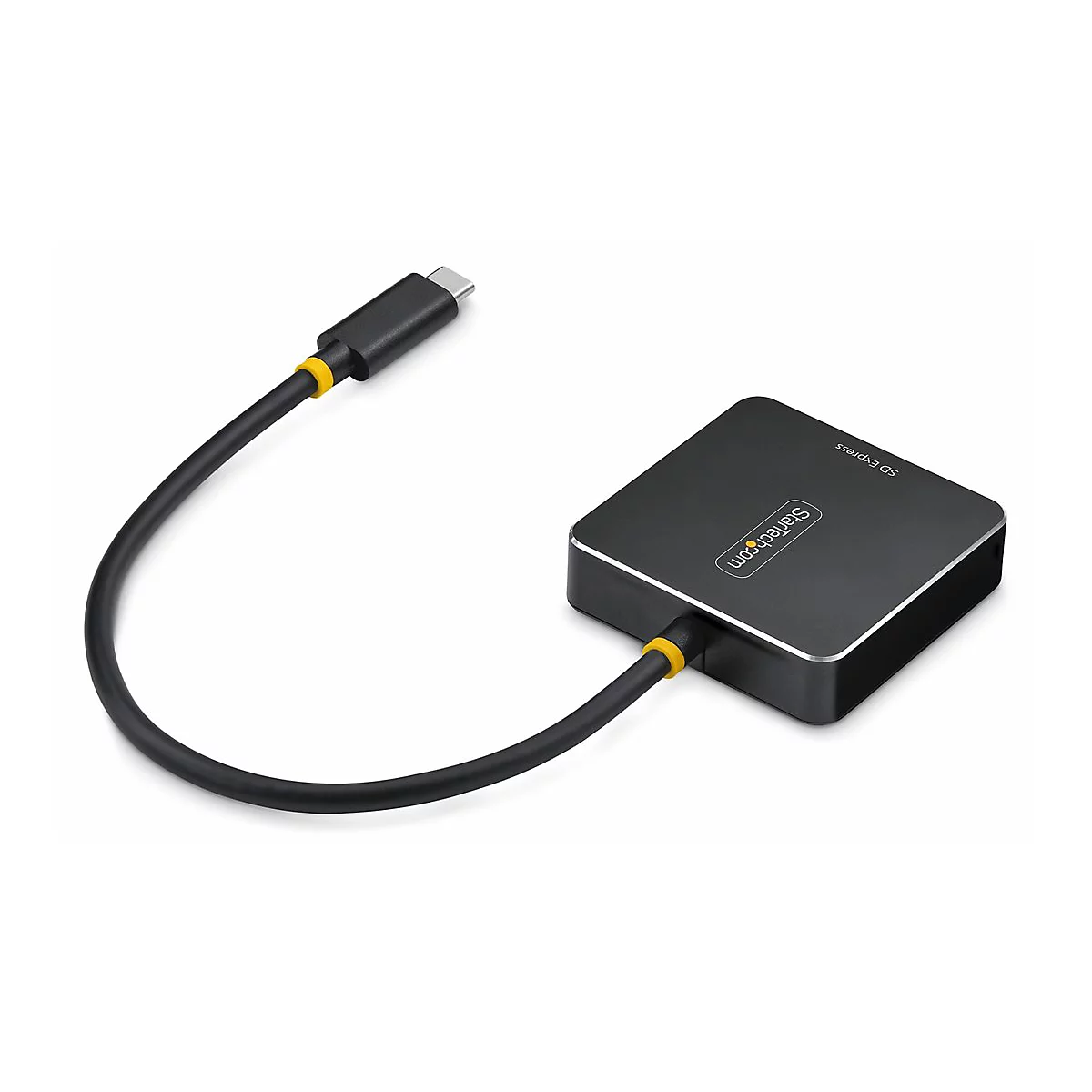 Schwarzer USB-C-Adapter mit gelben Akzenten und SD Express-Aufschrift auf weißem Grund.