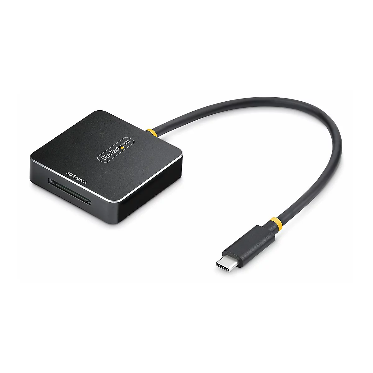 Schwarzer SD-Kartenleser mit USB-C-Kabel. Aufschrift: StarTech.com und SD Express.