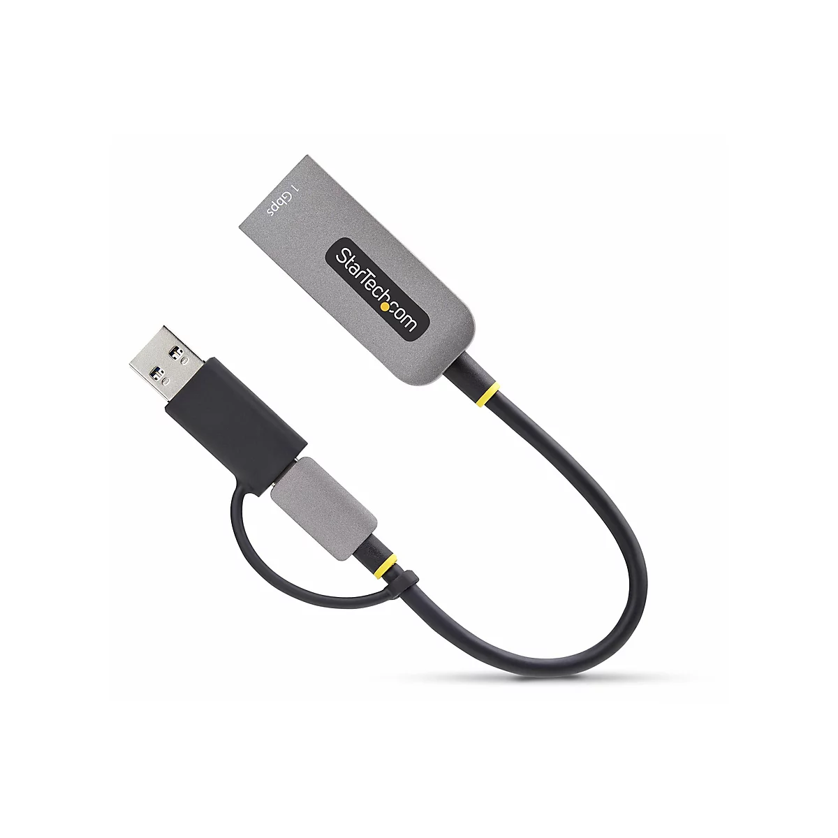 Adaptateur USB vers Ethernet gris. StarTech.com et 1 Gbit/s sont inscrits sur l'adaptateur. L'adaptateur est doté d'un câble noir et d'accents jaunes.