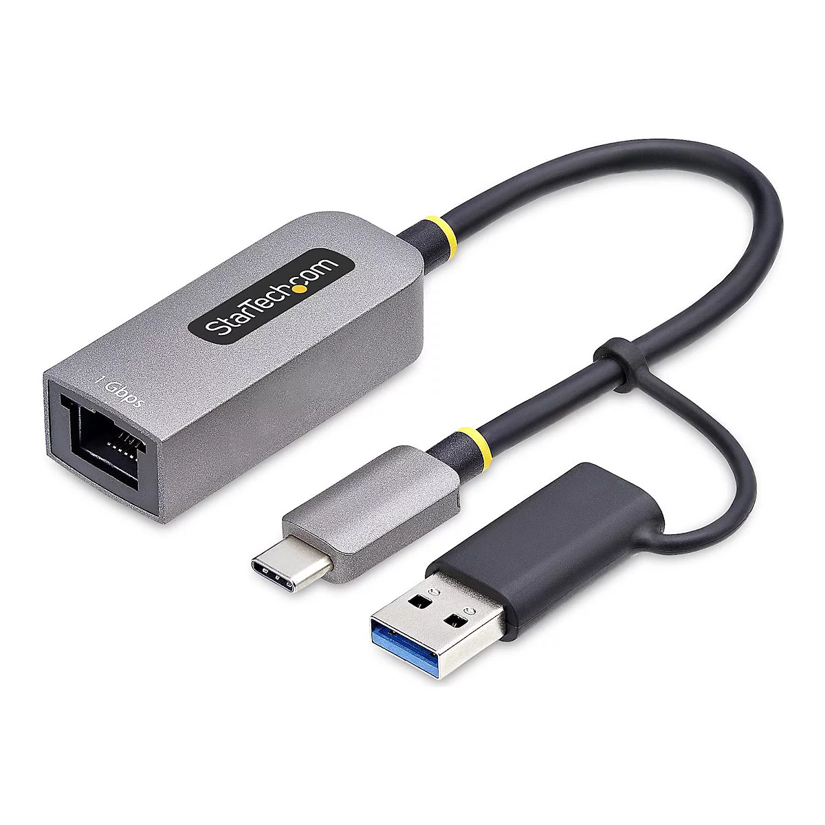 Adaptateur réseau gris avec connexions USB-C et USB-A. Inscription : StarTech.com et 1 Gbit/s.