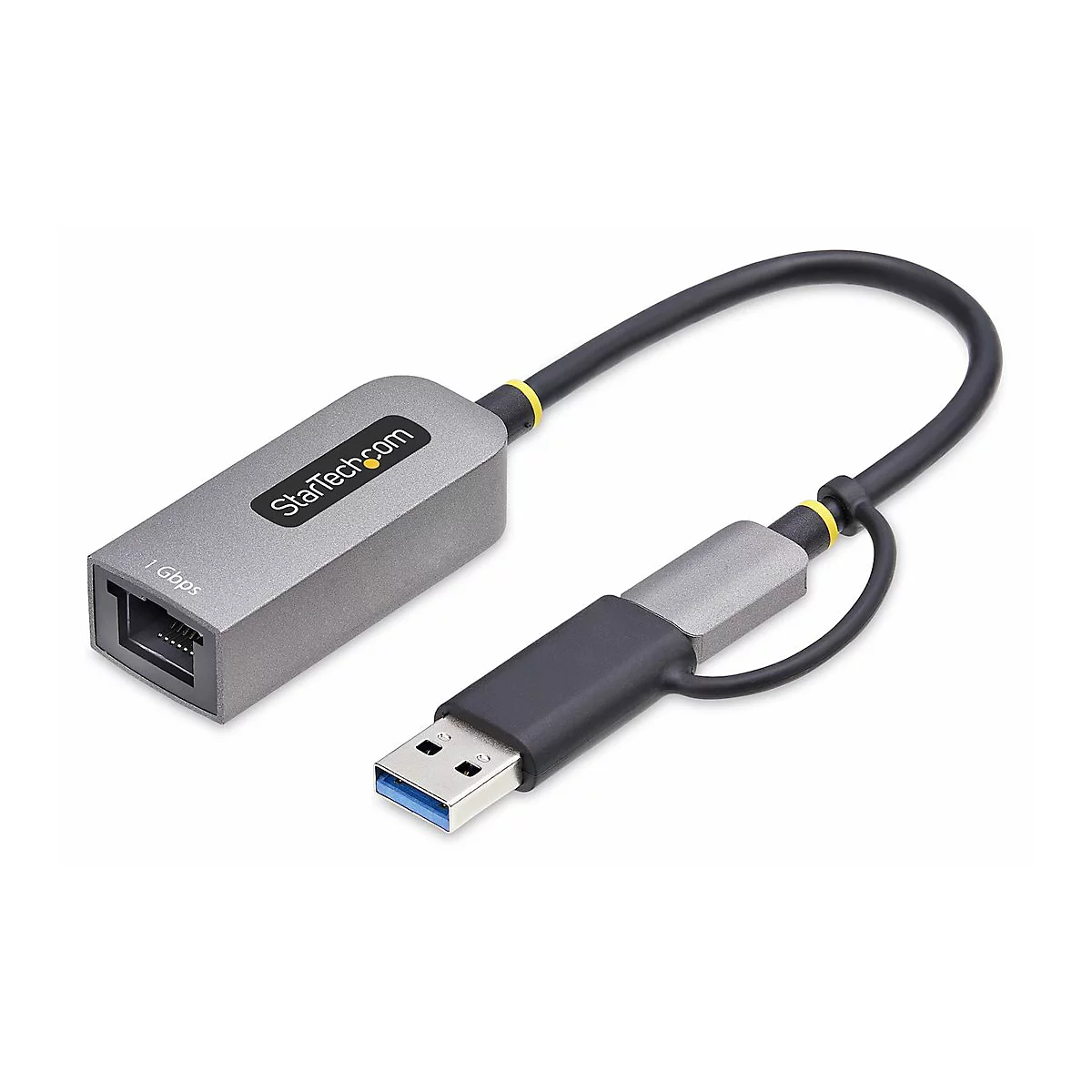 Adaptateur USB Ethernet gris avec câble, logo StarTech.com et les mots 1 Gbit/s.