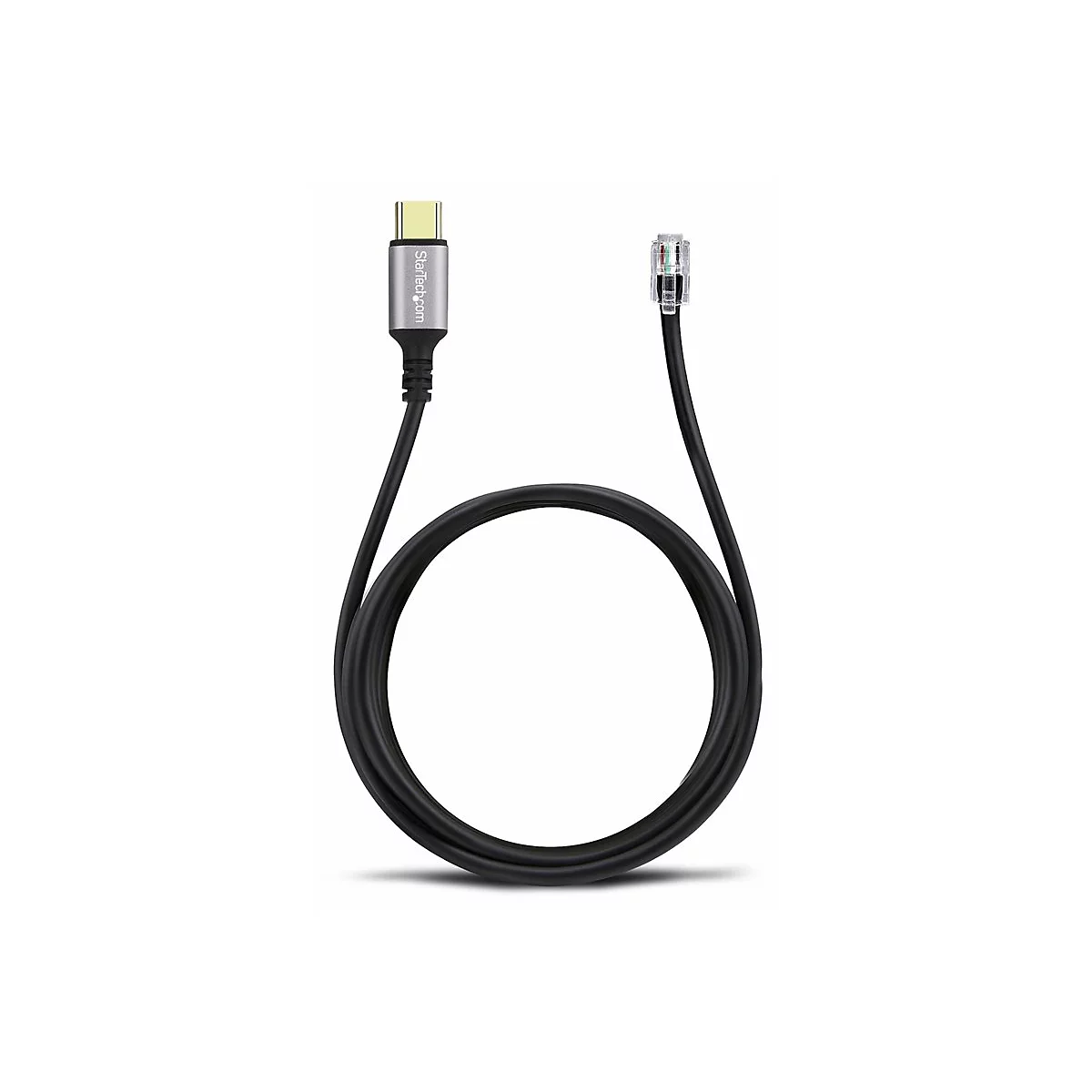 Schwarzes Kabel mit USB-C- und RJ45-Steckern. Auf dem USB-C-Stecker steht „StarTech.com“.
