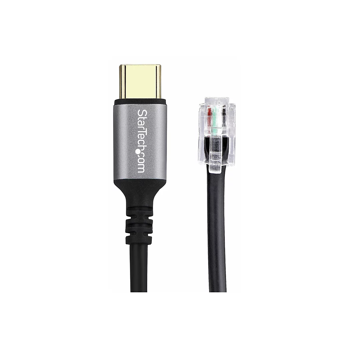 Ein USB-C-auf-RJ45-Adapterkabel vor weißem Hintergrund. Der USB-C-Stecker ist silberfarben mit dem StarTech.com-Logo. Der RJ45-Stecker ist transparent.