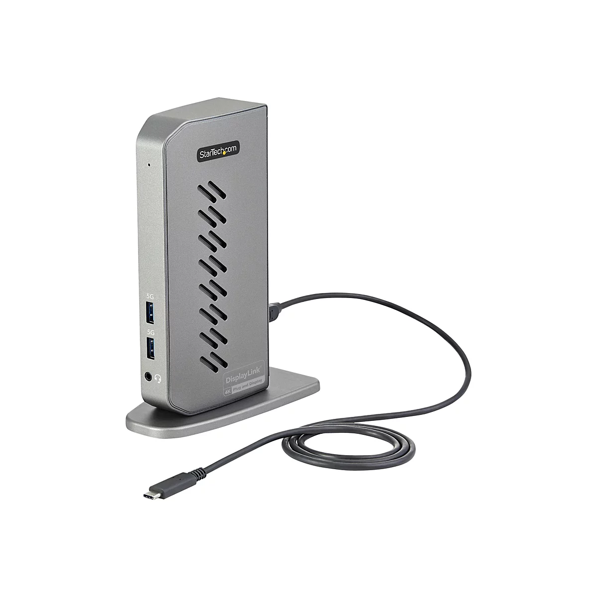 Graue Dockingstation mit USB-C-Kabel. Logo: StarTech.com. Steht auf einer Basis.