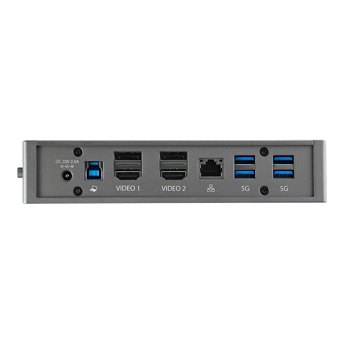 Nahaufnahme eines grauen GerÃ¤ts mit AnschlÃ¼ssen: USB, HDMI, Ethernet und USB 3.0.