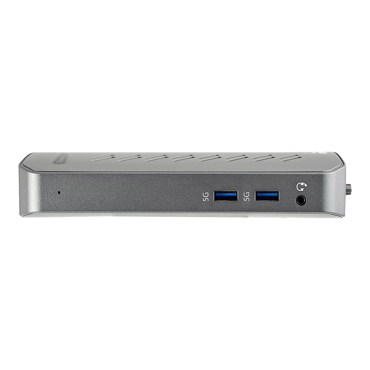 Grauer USB-C-Hub. AnschlÃ¼sse: 2x USB, Audioanschluss, LED-Anzeige, SG-Kennzeichnung.