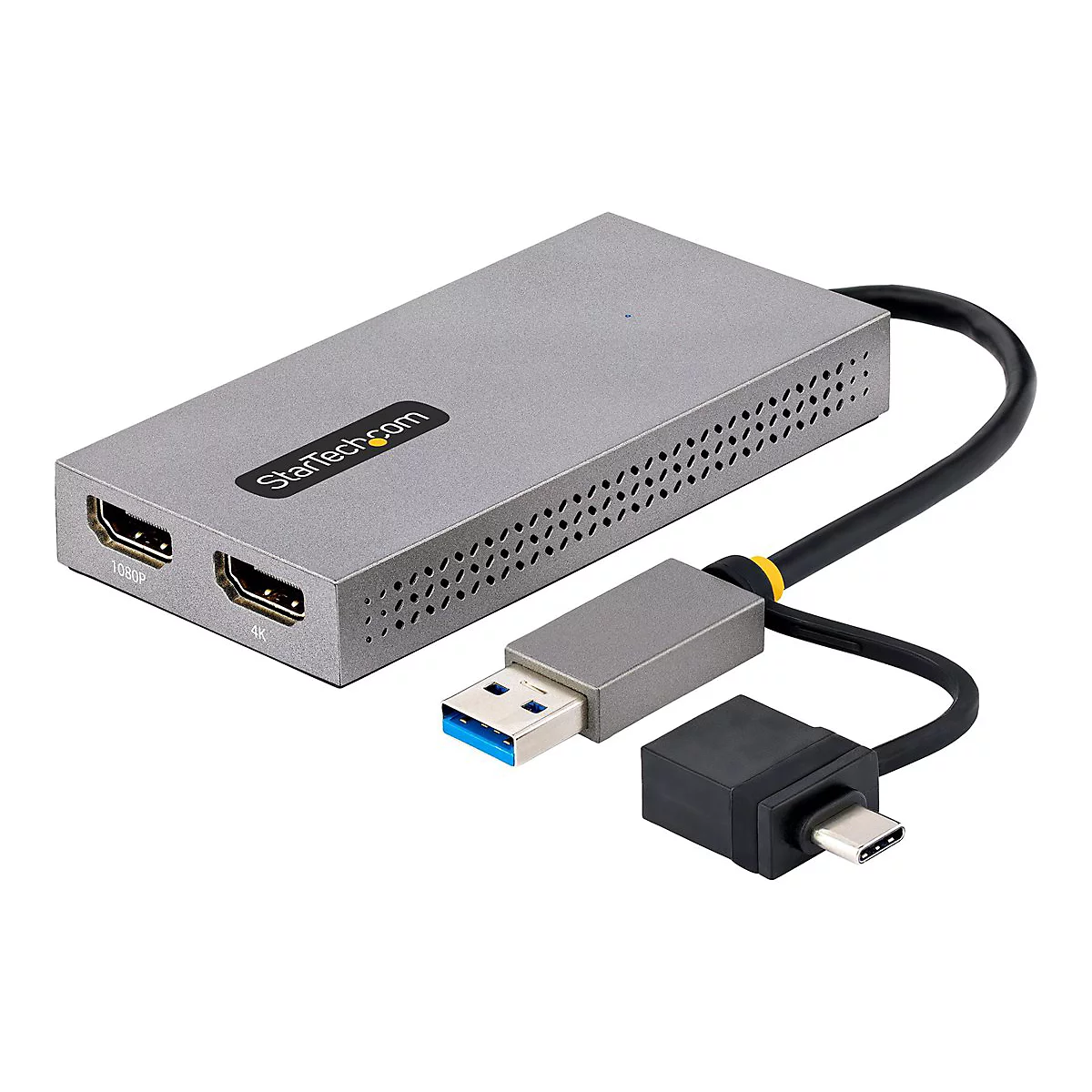 Grauer HDMI-Adapter mit USB-Anschlüssen, Beschriftung mit "StarTech.com". Anschlüsse: 1080P, 4K, USB, USB-C.