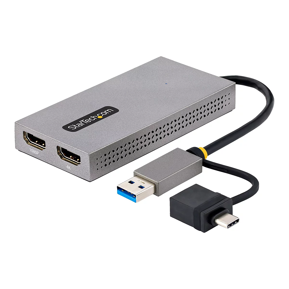 Ein silberfarbener HDMI-Adapter mit USB-C- und USB-Anschlüssen. Der Adapter hat das StarTech.com Logo. Zwei HDMI-Anschlüsse sind mit 1080P und 4K beschriftet.