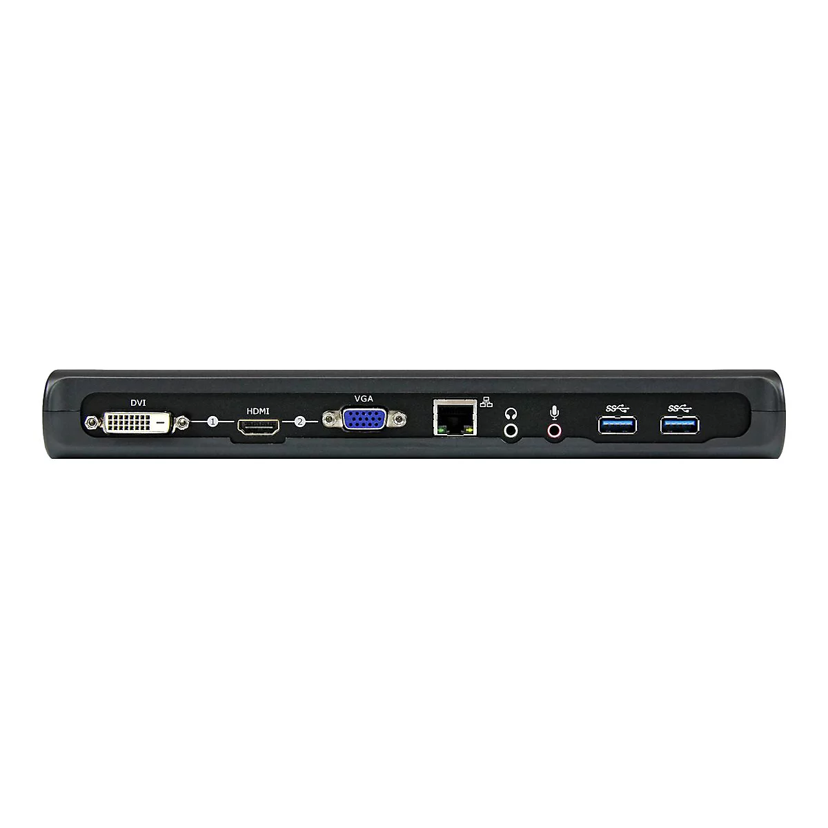 Schwarzer, rechteckiger Hub mit verschiedenen Anschlüssen, darunter DVI, HDMI, VGA und USB.