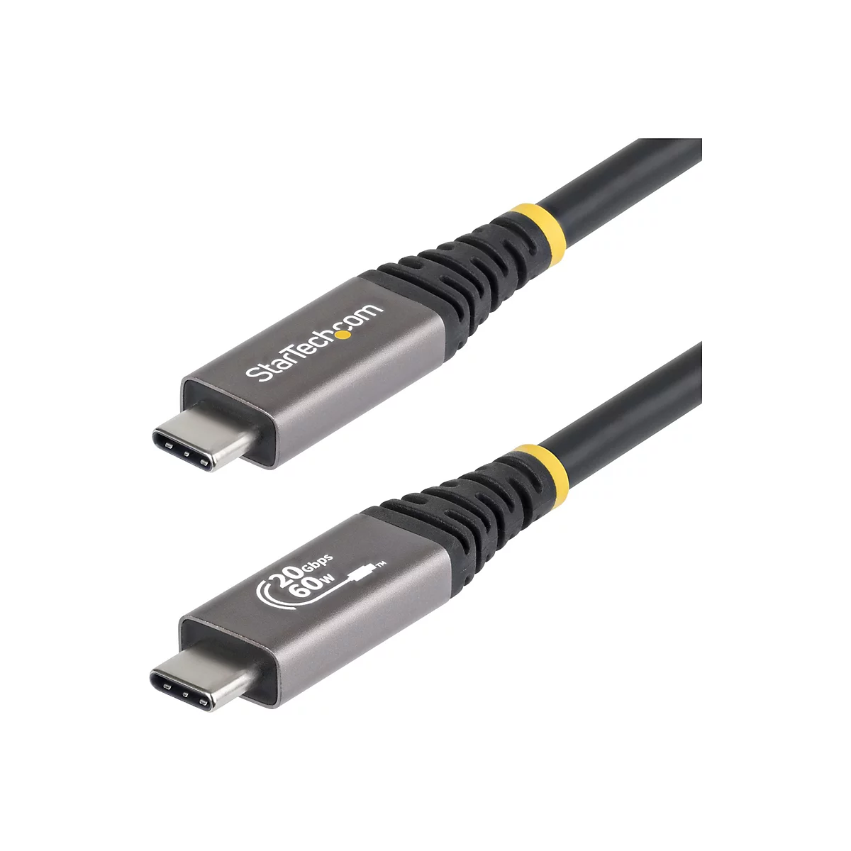 Deux câbles USB-C, gris et noir, avec les logos de StarTech.com. Un câble indique : 20 Gbit/s, 60 W.
