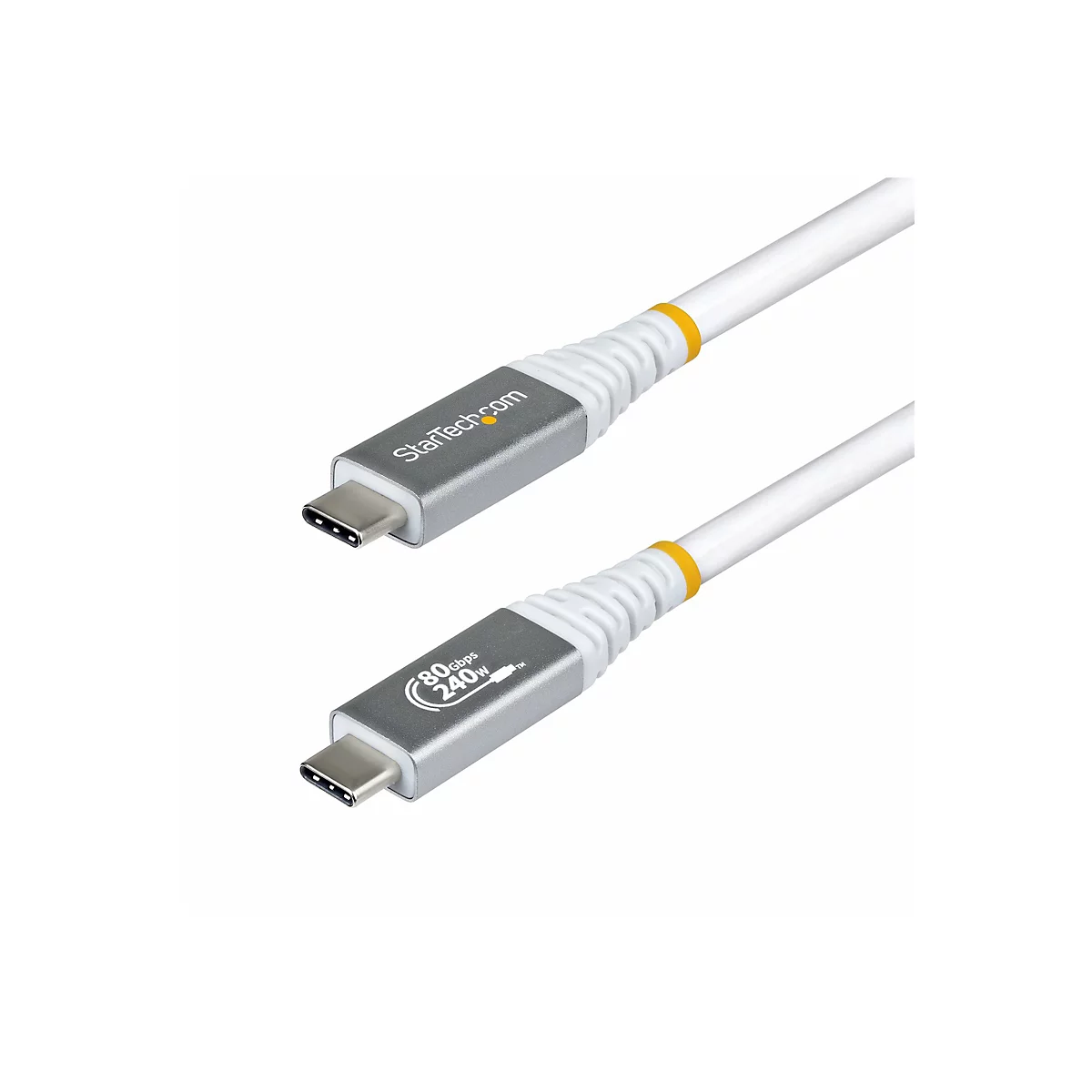 Deux câbles USB-C blancs avec connecteurs gris. Sur les connecteurs figurent StarTech.com et le débit de transfert de données.