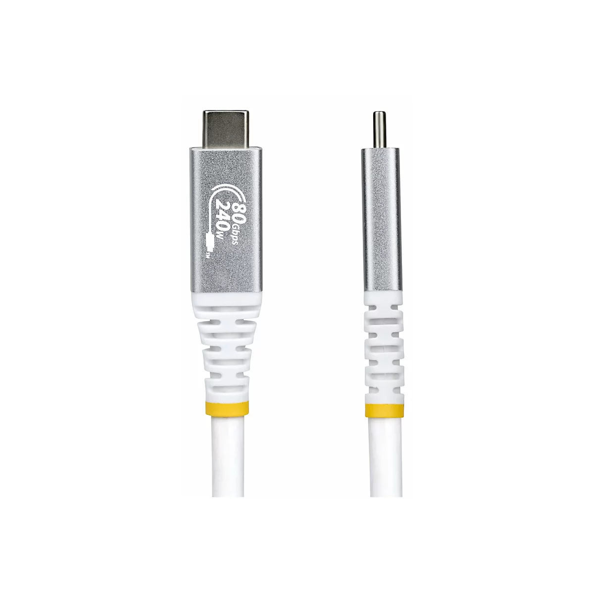 Un câble de chargement blanc avec deux connecteurs. L'un est un connecteur USB-C, l'autre est une fine broche métallique.