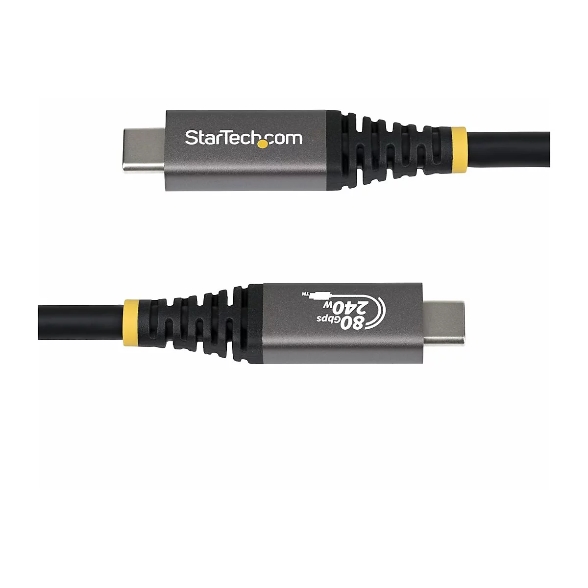 Deux câbles USB-C, gris avec des câbles noirs. Un câble affiche le logo StarTech.com, l'autre des spécifications telles que 80 Gpbs et 240W.