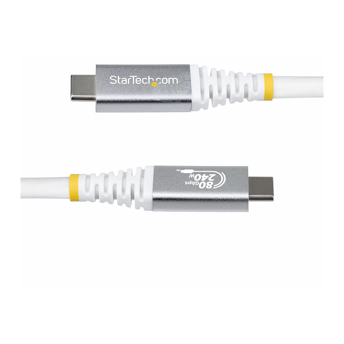 Deux câbles USB-C avec boîtiers en métal gris. L'un porte la mention StarTech.com, l'autre 80 Gpbs 240W. Câbles blancs avec des accents jaunes.