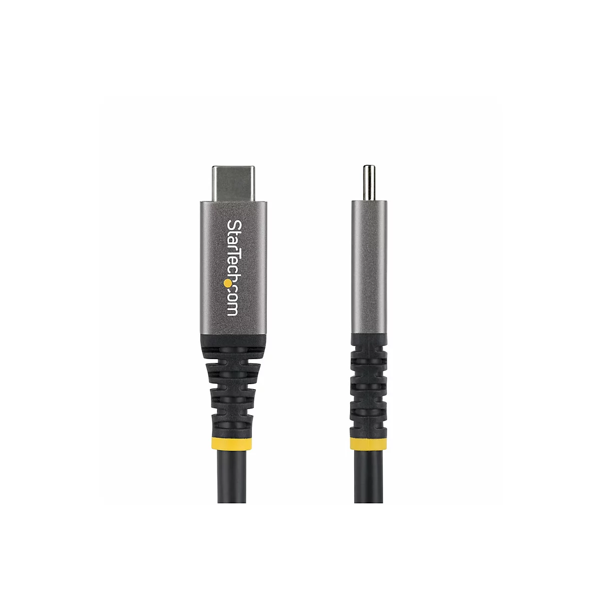 Un câble d'alimentation USB-C vers CC de StarTech.com. Le câble gris se termine par un connecteur USB-C et un connecteur. StarTech.com est imprimé en blanc sur le connecteur USB-C. Le câble est noir avec des accents jaunes.