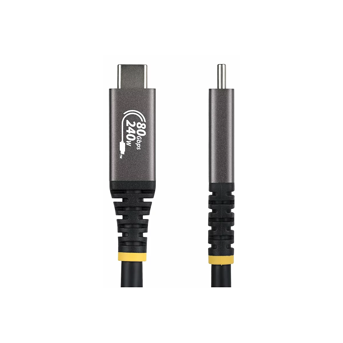 Câble USB-C, gris avec des touches de noir et de jaune, 80 Gpbs et 240W.
