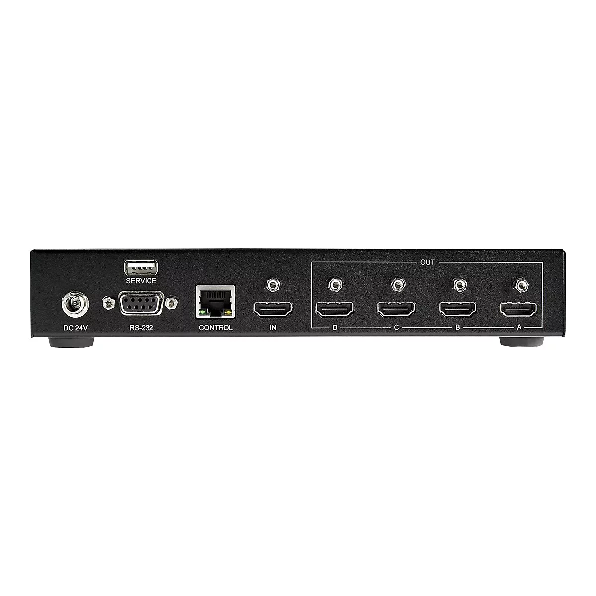 Schwarzes Gerät mit Anschlüssen: HDMI, RS-232, Ethernet und DC 24V. Beschriftungen: IN, OUT, SERVICE, CONTROL.