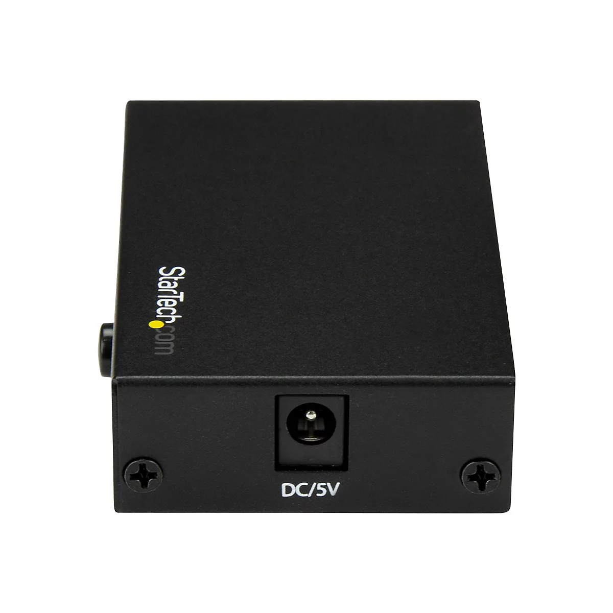 Adaptateur noir avec le logo Startech.com, port DC/5V. Deux vis et un connecteur d'alimentation sont sur l'adaptateur.