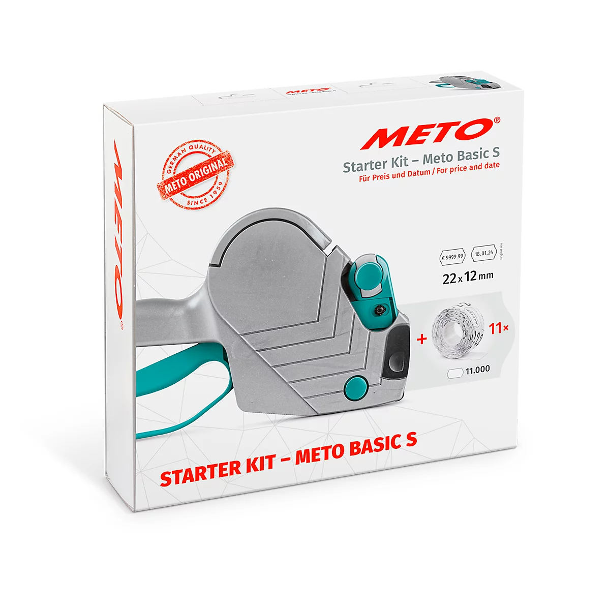 Starter Kit Meto Basic S in Box, graue Etikettiermaschine, Details in Türkis. Aufdruck: Meto, Original.