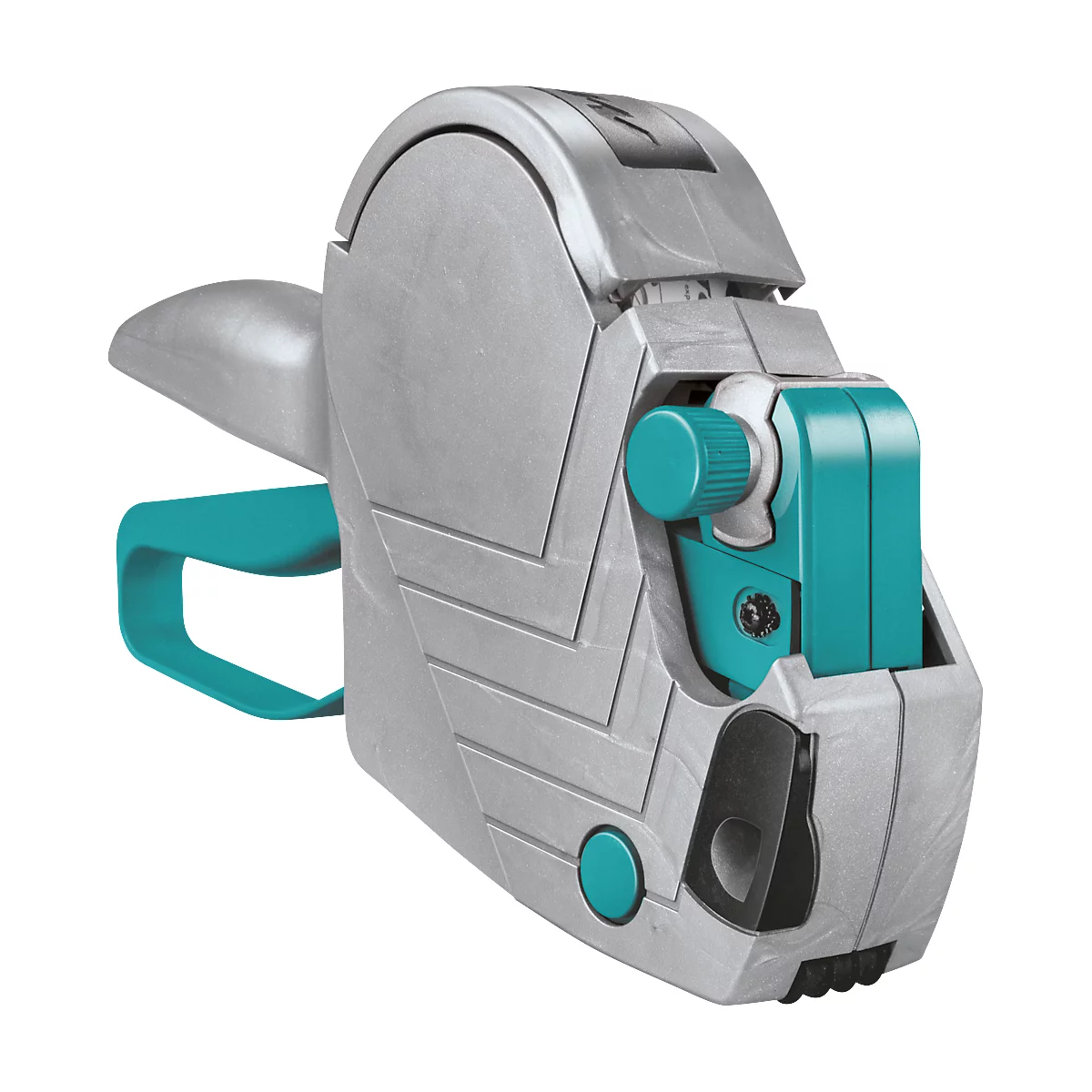 Een grijs prijskaartjesapparaat met teal accenten. De handgreep en een knop zijn teal.