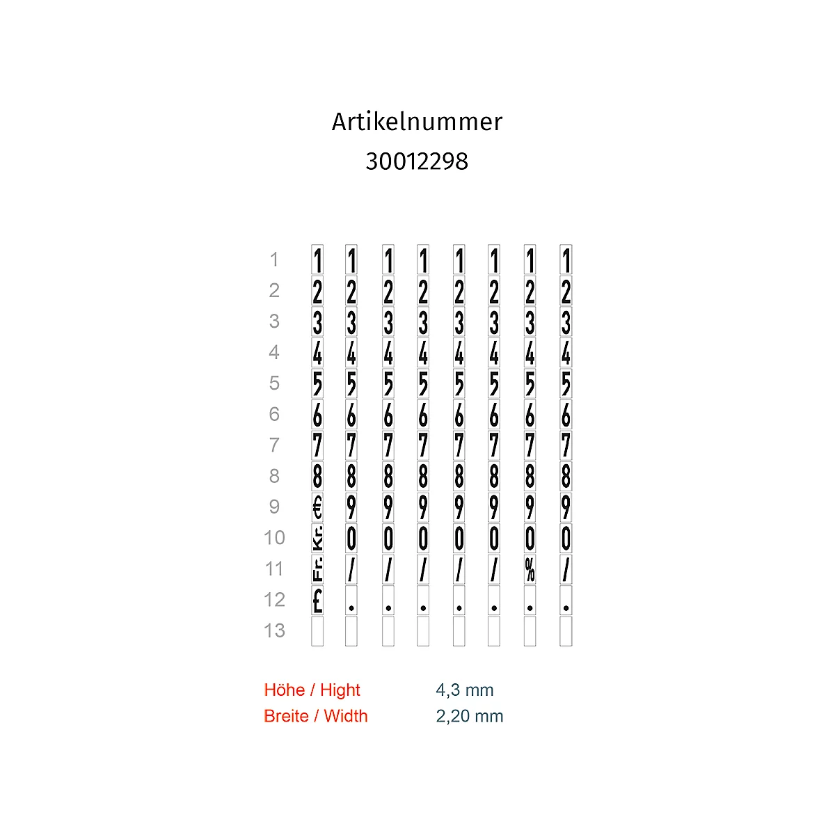 Tabel fragment met zwarte cijfers en speciale tekens voor markering. Artikelnummer 30012298. Maatinformatie in mm.