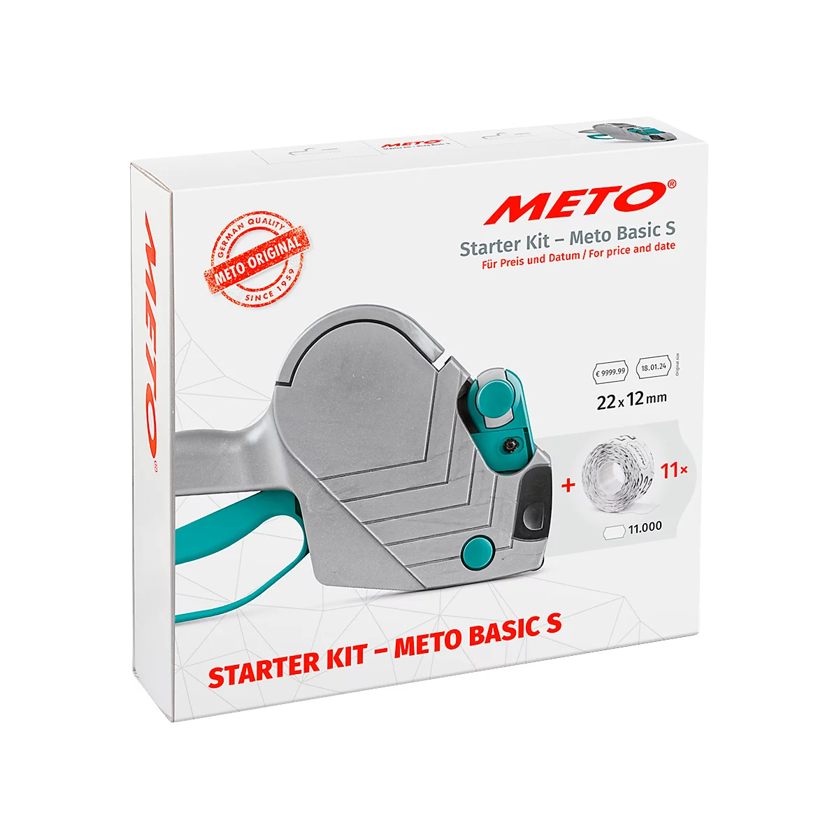 Een verpakking met een Meto Basic S prijsetiketteermachine en labels. Inscriptie: Starter Kit.