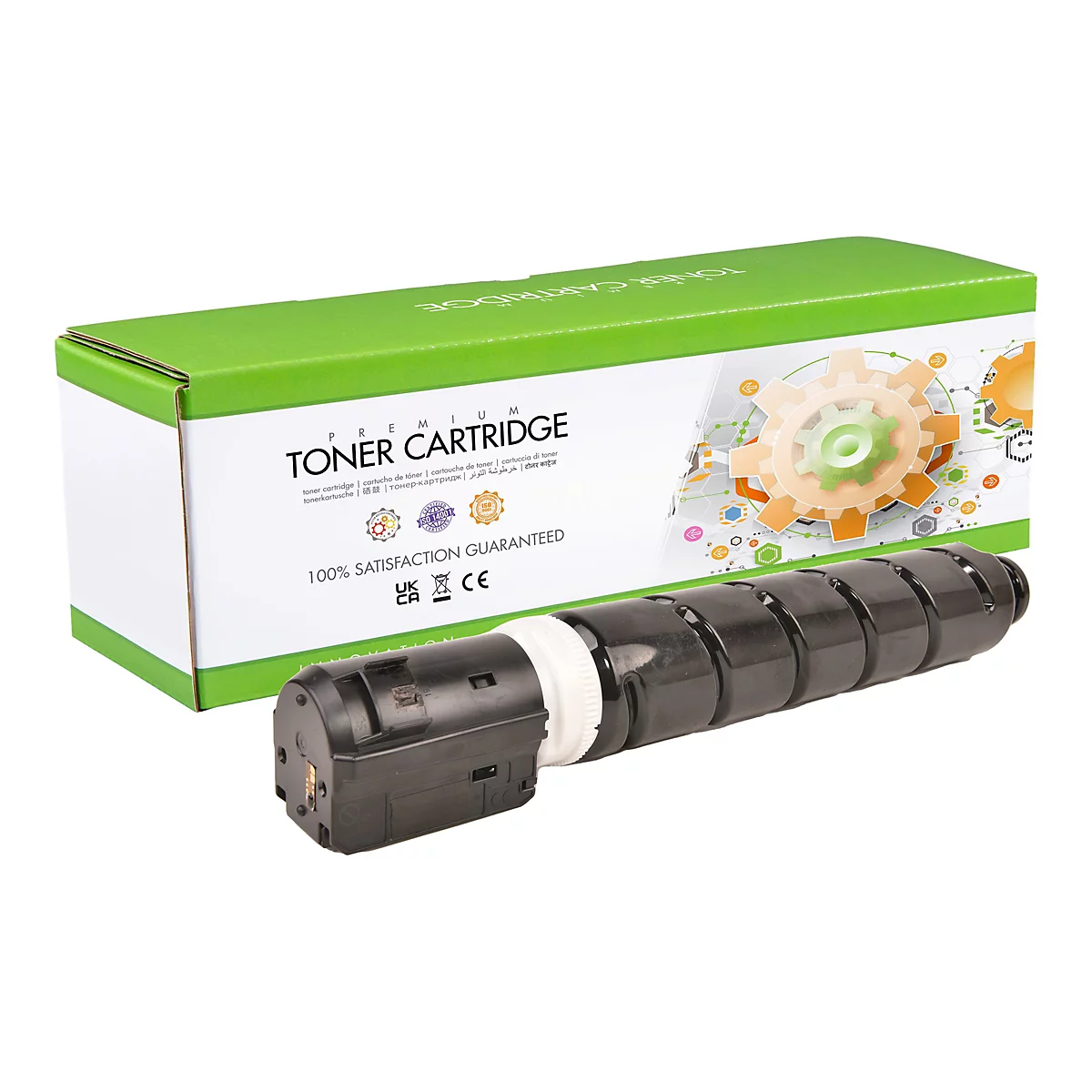 Tonerkartusche und Karton vor weiÃŸem Hintergrund. Aufdruck: Toner Cartridge, 100% Zufriedenheit garantiert.