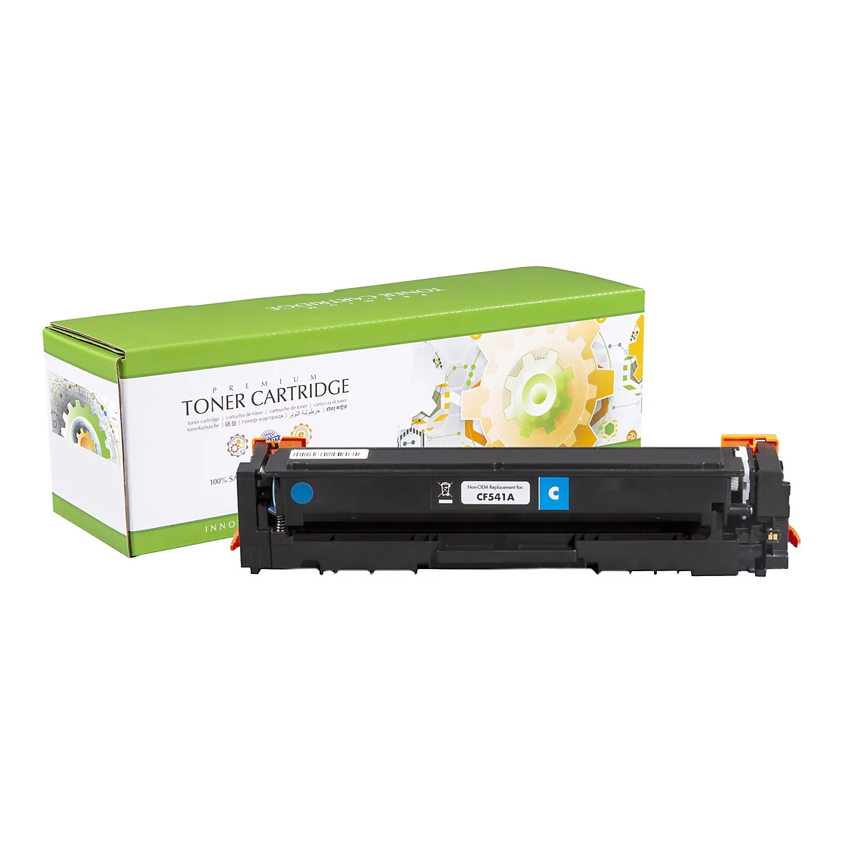 Eine schwarze Tonerkartusche mit tÃ¼rkisfarbenen Elementen liegt vor einer grÃ¼nen Box. Auf der Box steht TONER CARTRIDGE.