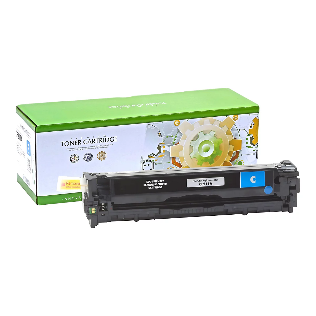 Eine Tonerkartusche mit blauen Akzenten und grÃ¼ner Box. Auf der Box steht: Toner Cartridge.