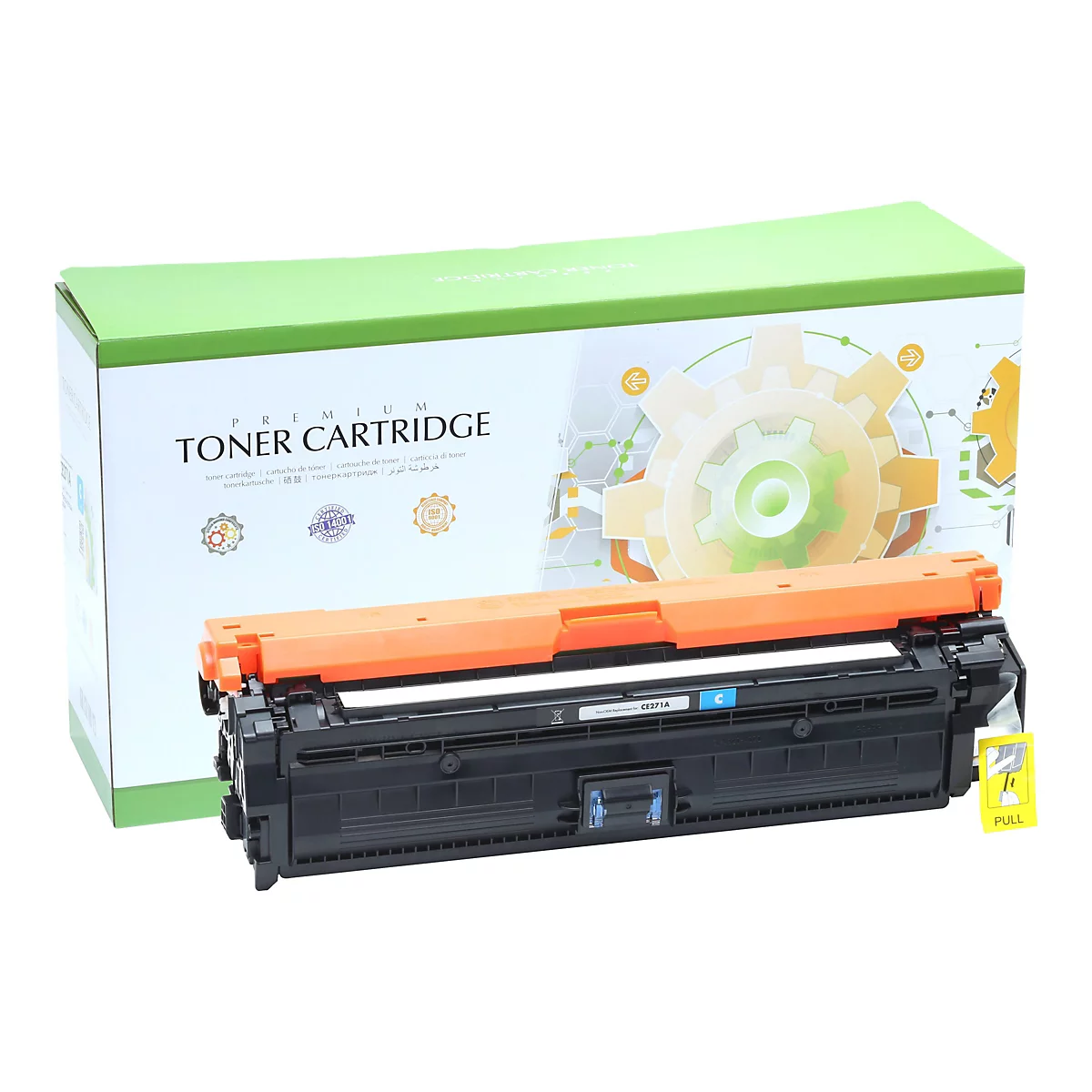 Toner-Kartusche mit orangefarbenen und schwarzen Elementen, liegt vor einer grÃ¼nen Schachtel. Auf der Schachtel steht TONER CARTRIDGE.