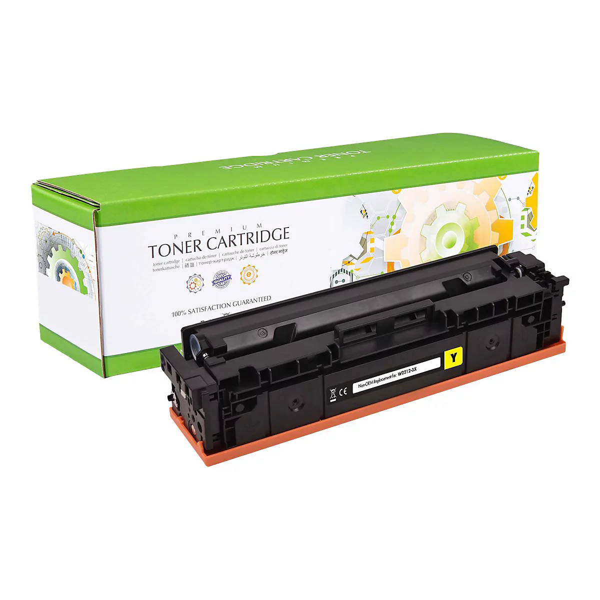 Eine schwarze Tonerkartusche neben einer grÃ¼nen Schachtel. Auf der Schachtel steht TONER CARTRIDGE.