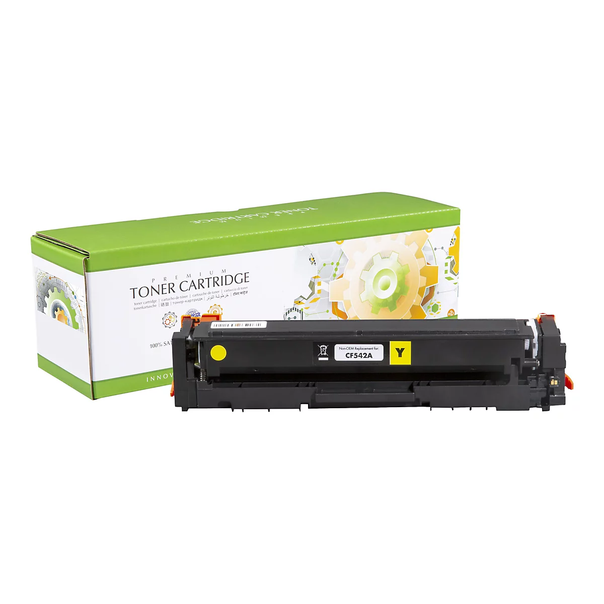 Eine schwarze Tonerkartusche mit gelben Akzenten und Schriftzug CF542A neben einer grÃ¼nen Schachtel mit der Aufschrift TONER CARTRIDGE.