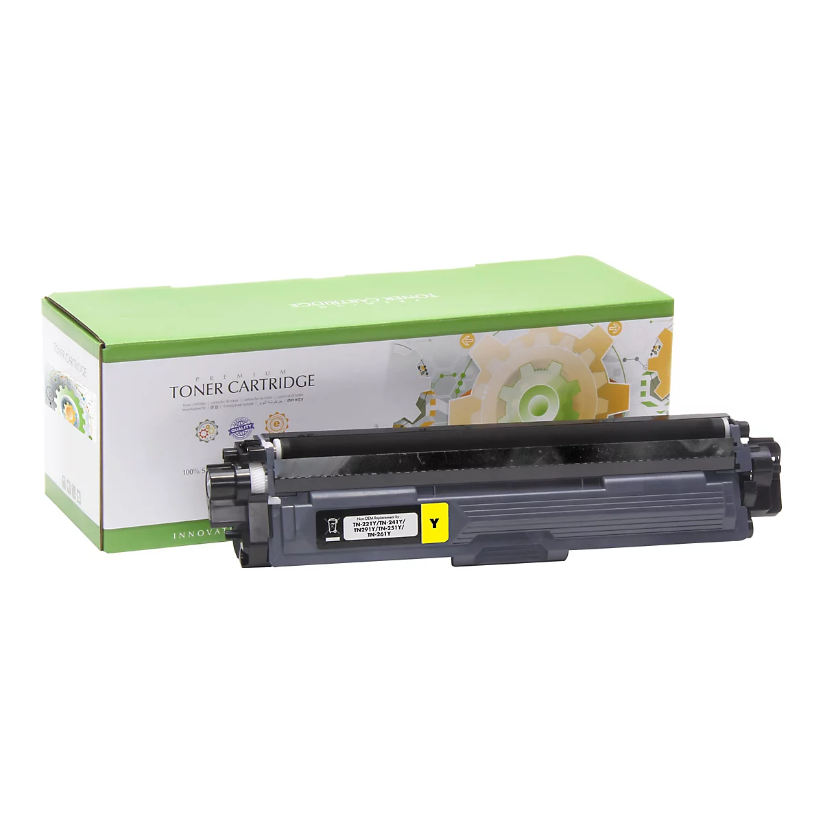 Toner-Kartusche und Verpackung. Aufdruck: Toner Cartridge und gelbes Dreieck.