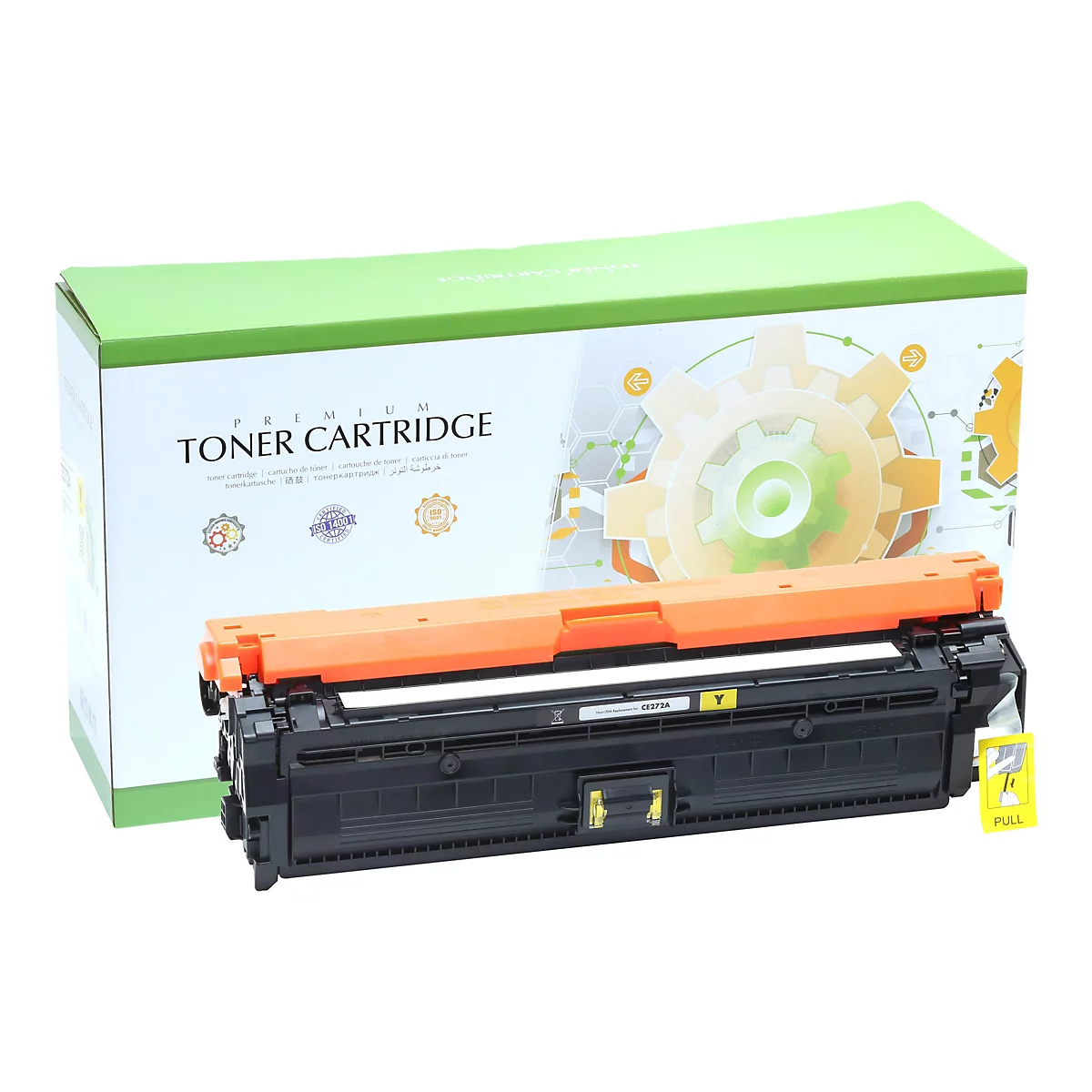 Tonerkartusche mit orangefarbenem Streifen, vor einer grÃ¼nen Schachtel, auf der Toner Cartridge steht.
