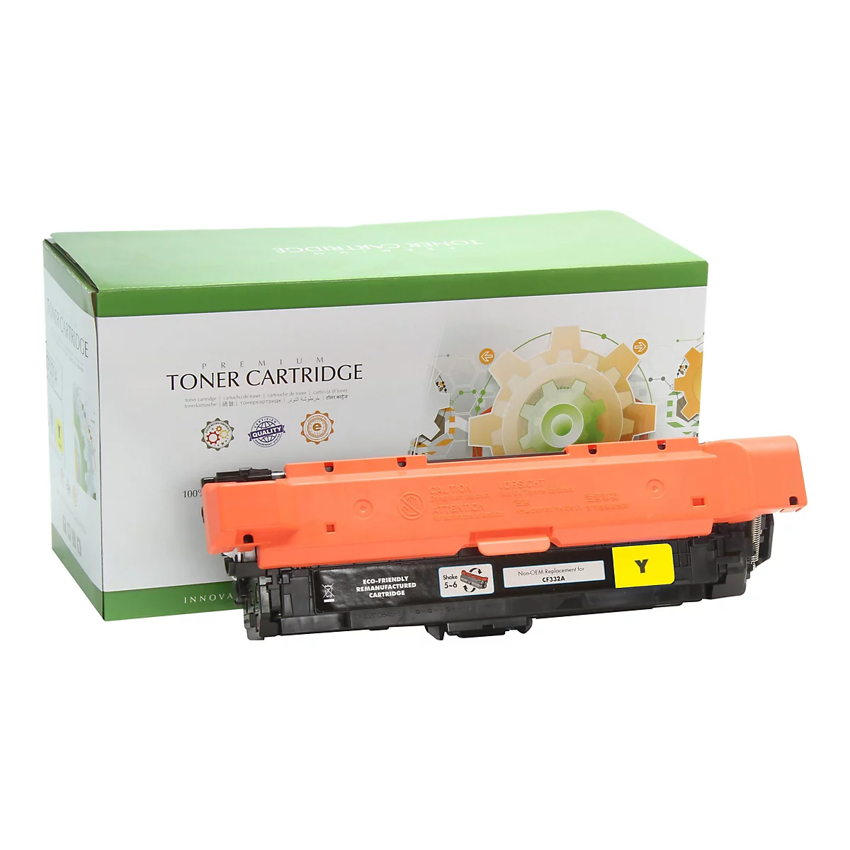 Gelbe Tonerkartusche vor einer grÃ¼nen Schachtel mit Aufschrift TONER CARTRIDGE.