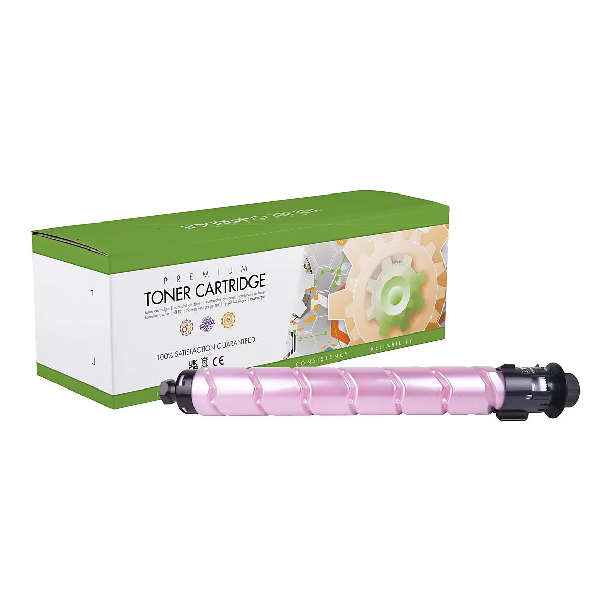 Ein rosa Tonerkartusche liegt vor einer grÃ¼nen Produktverpackung mit Aufschrift Toner Cartridge. Die Verpackung zeigt Produktmerkmale.
