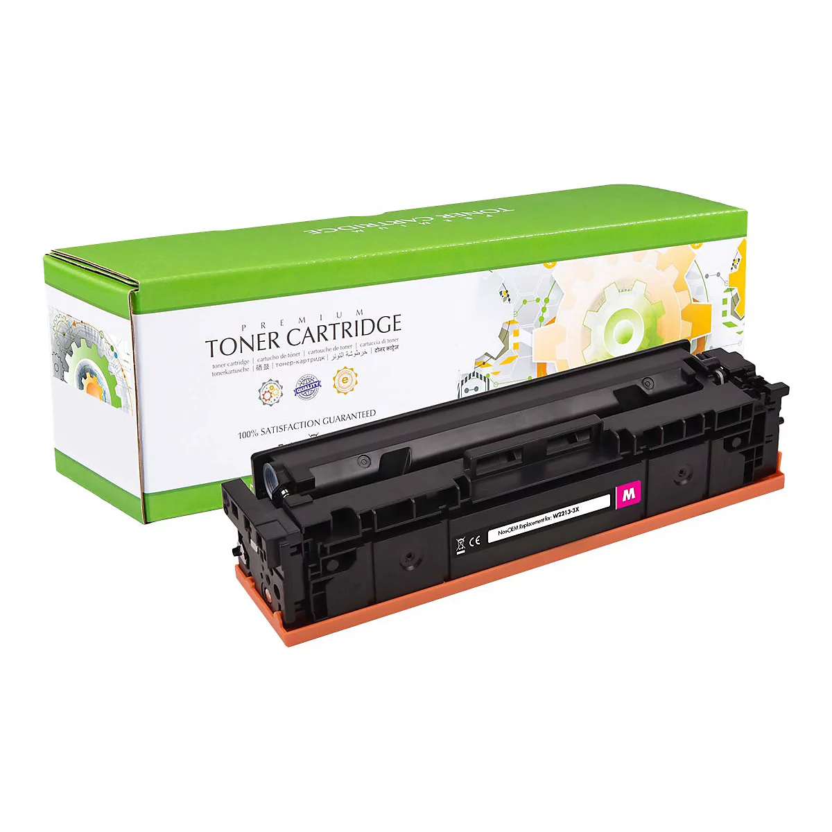 Ein schwarzer Tonerkartusche mit pinkfarbener Beschriftung neben der grÃ¼nen Verpackung. Aufschrift: Premium Toner Cartridge.