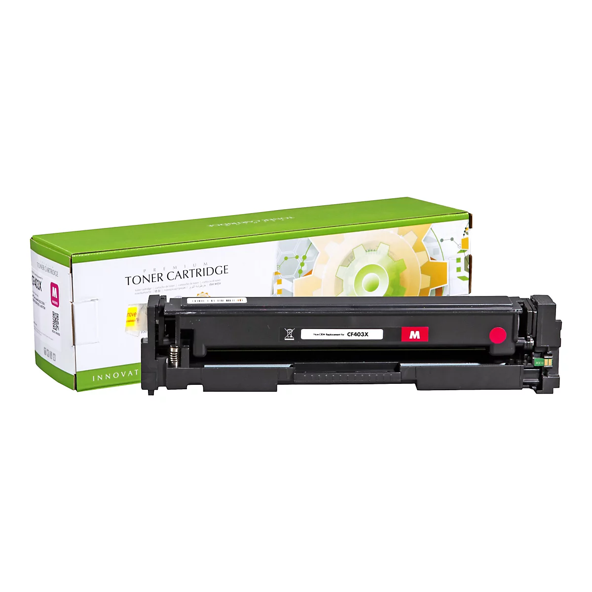 Tonerkartusche neben grÃ¼ner Schachtel. Schwarze Kartusche, rotes M-Logo, Box mit TONER CARTRIDGE.