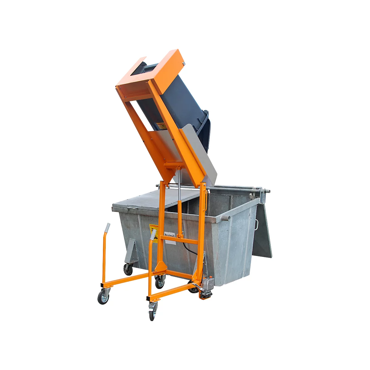 Station à bascule pour cont. mobiles MKS, pour conteneurs de 120 et 240 L, hauteur de vidage 1480 mm, angle de basc. 135°, jusqu'à 110 kg, roulettes, pompe à pied, RAL 2000