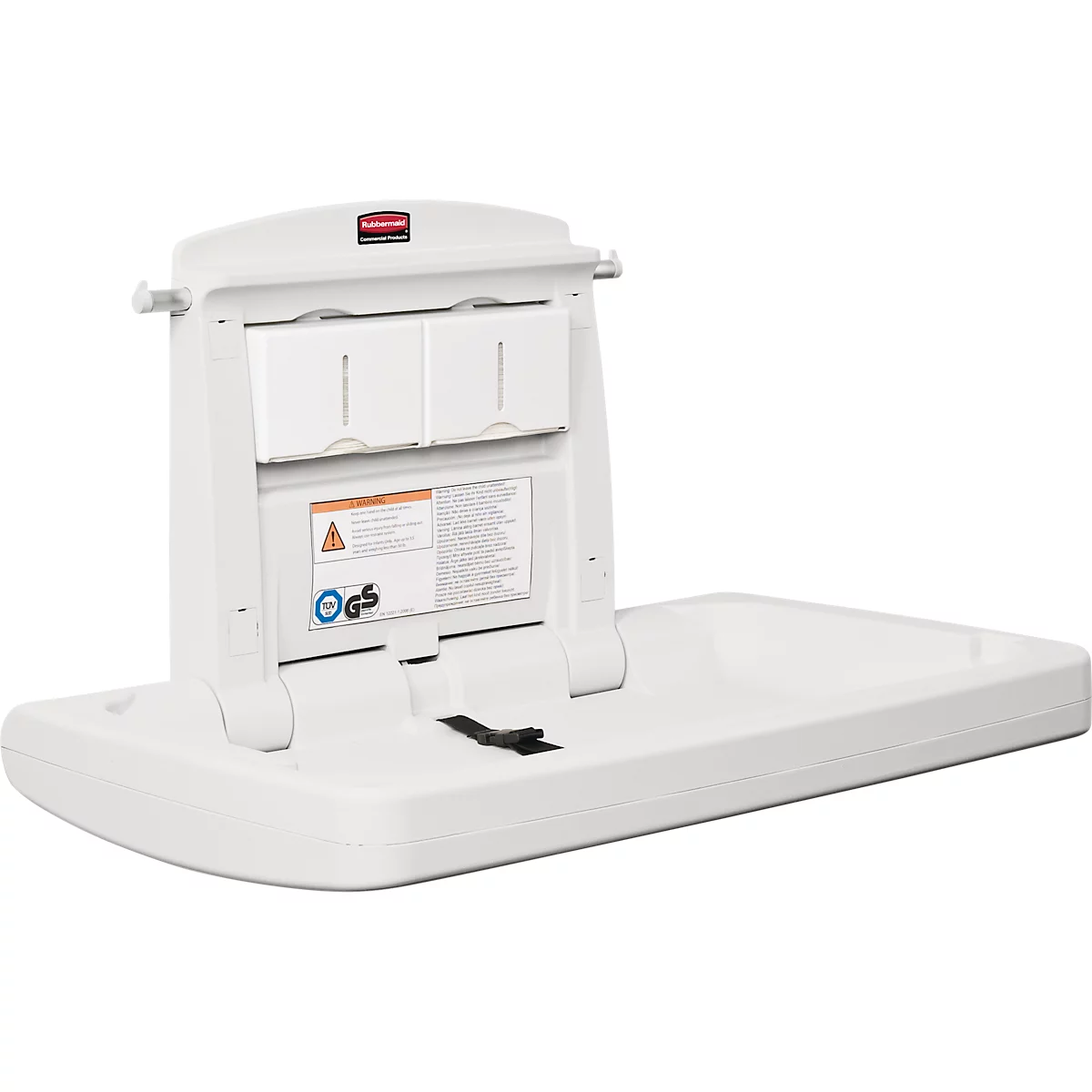Station à langer Rubbermaid®, pour montage mural horizontal, antimicrobien, pliable, tablette, support pour jusqu'à 40 documents, PP, blanc