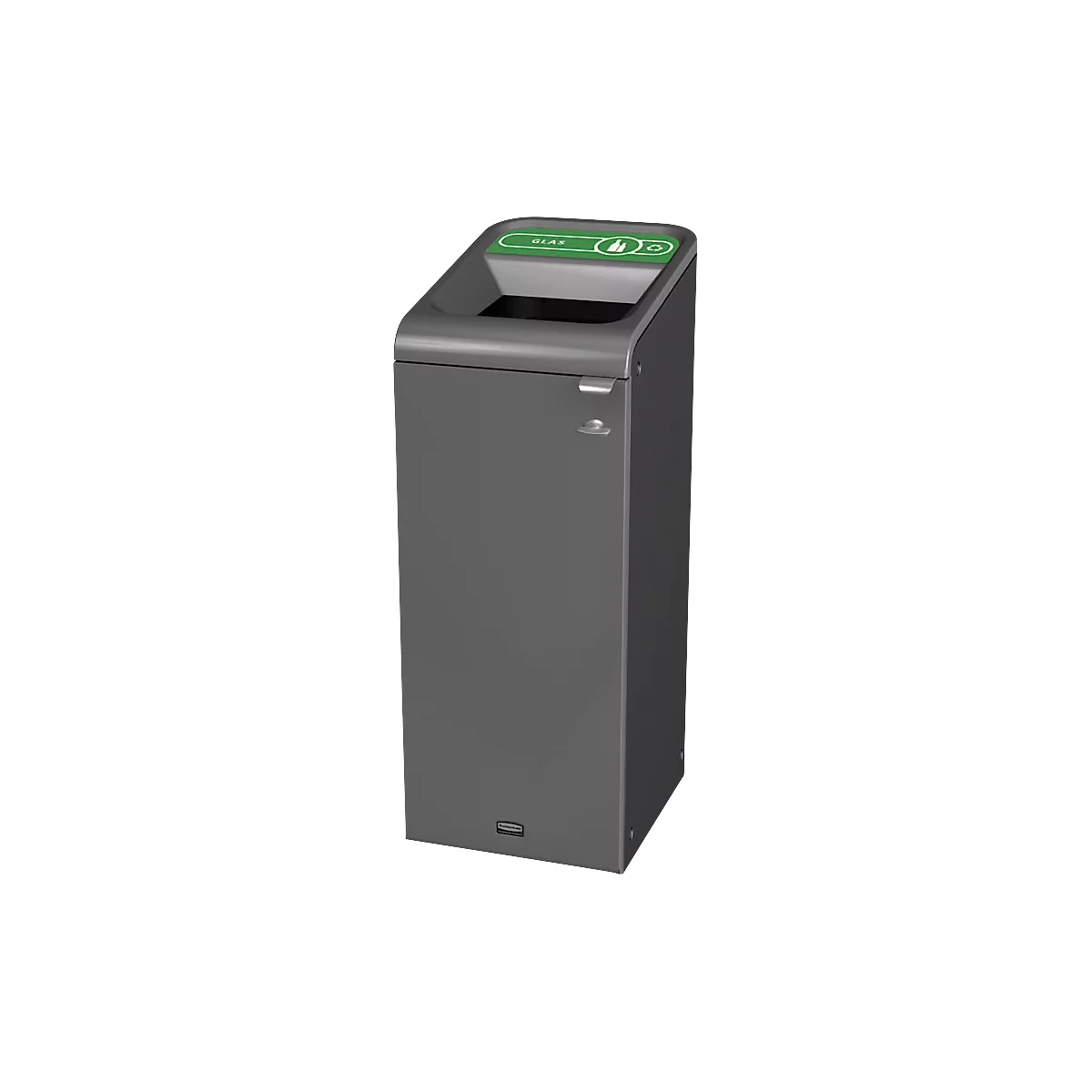 Poubelle grise avec couvercle vert pour le verre. "VERRE" écrit en haut avec des symboles de recyclage.