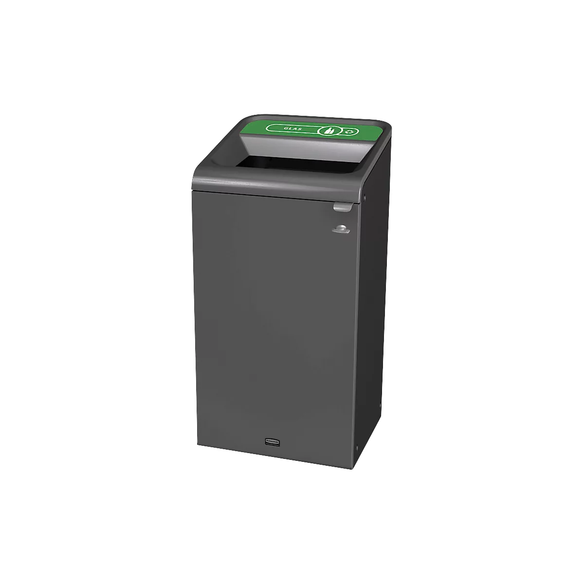 Poubelle grise avec couvercle vert pour le verre. On peut lire 'verre'.