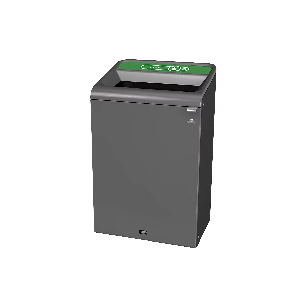 Poubelle grise avec couvercle vert avec "verre" et icônes pour les déchets.