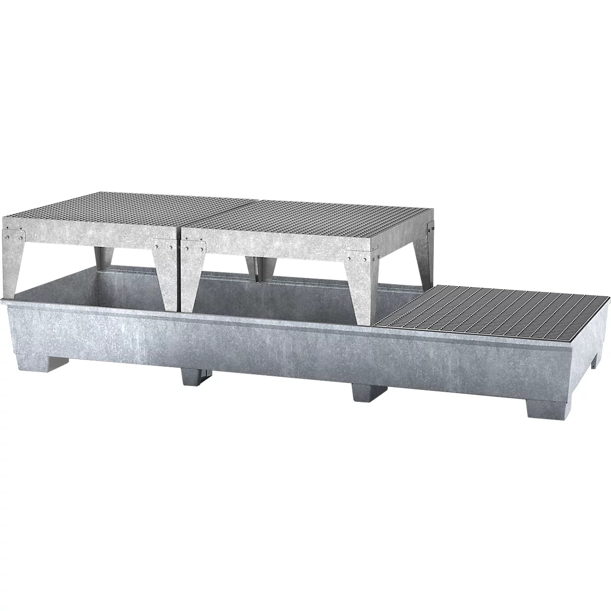 Station IBC ASECOS, en acier, avec caillebotis, 2 stands de remplissage et chaussures de chariot élévateur, capacité de 1000 l, L 3280 x P 1300 x H 820 mm, galvanisé